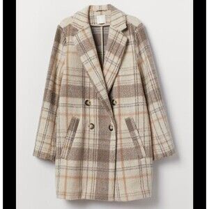 Neutral tan plaid pea coat